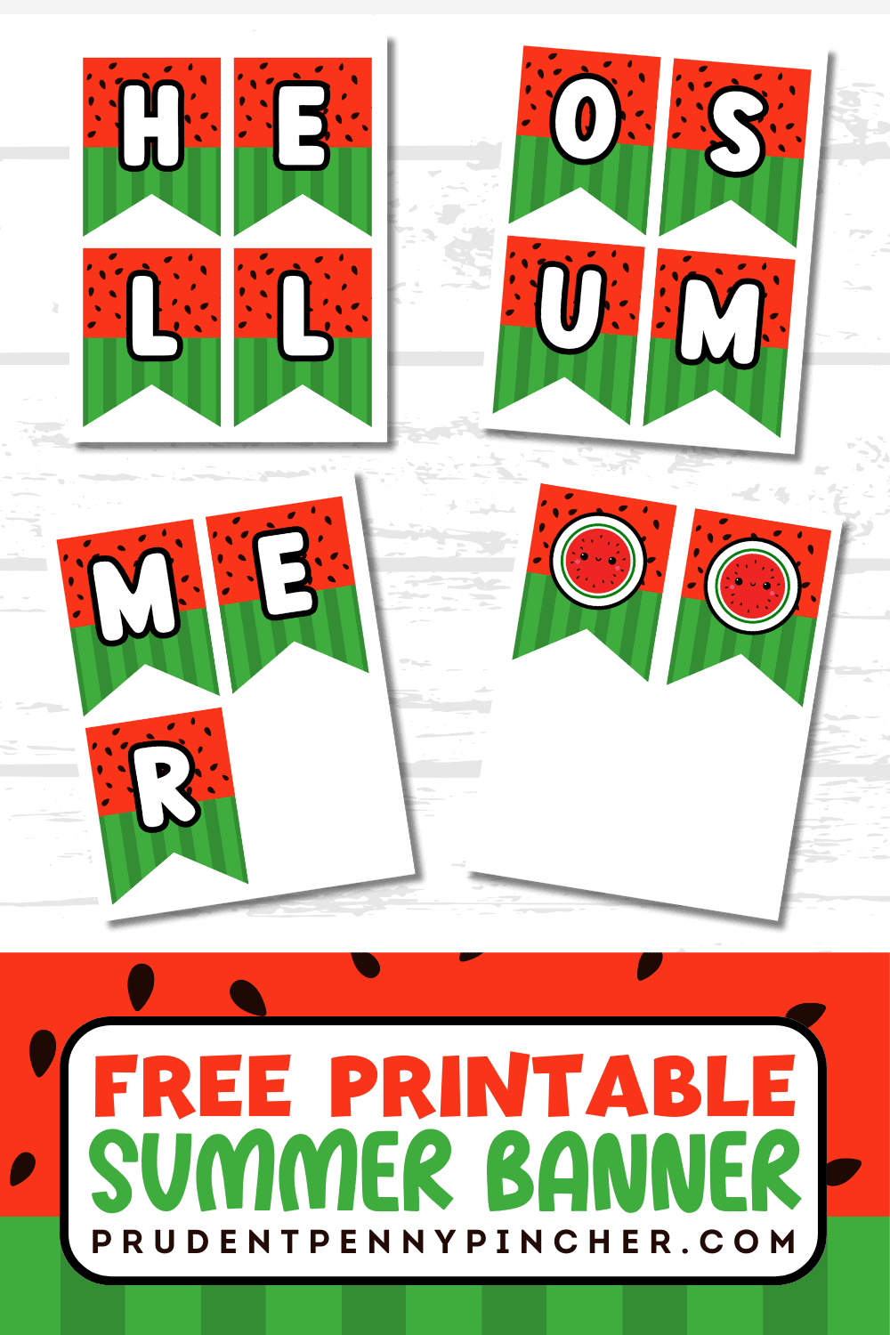 Overview image of printable summer banner PDF sheets including watermelon pennants spelling HELLO SUMMER with extra decorative flags.