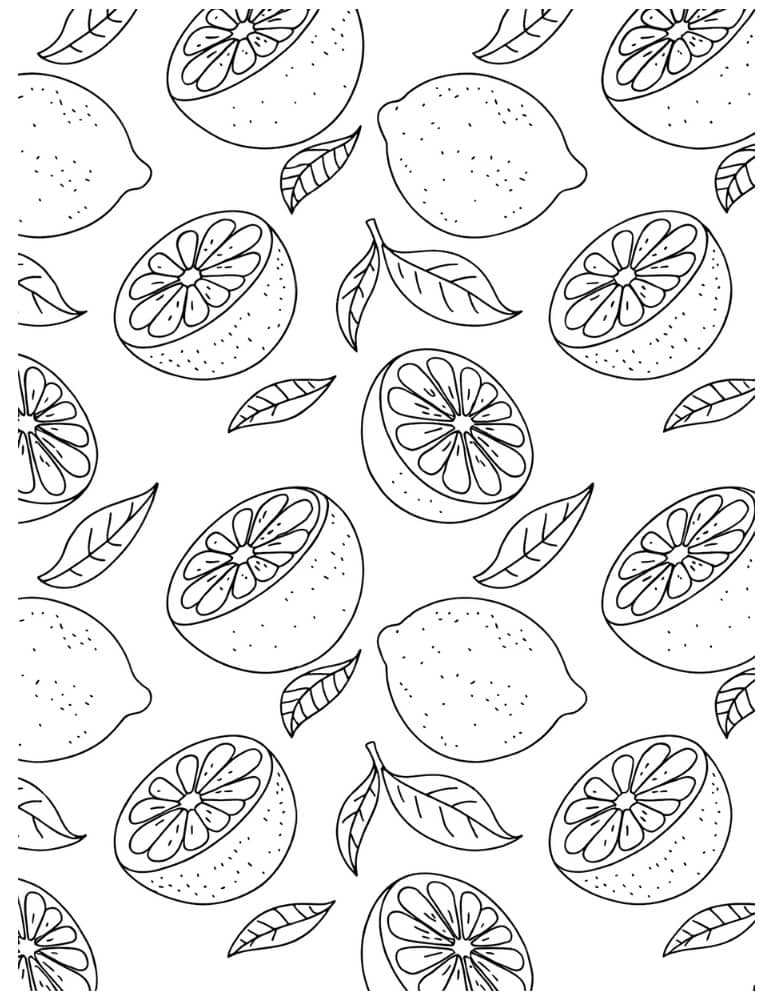 lemon fruit and leaf coloring page pattern