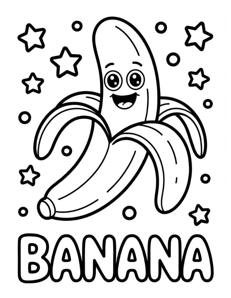 happy banana fruit coloring page for kids