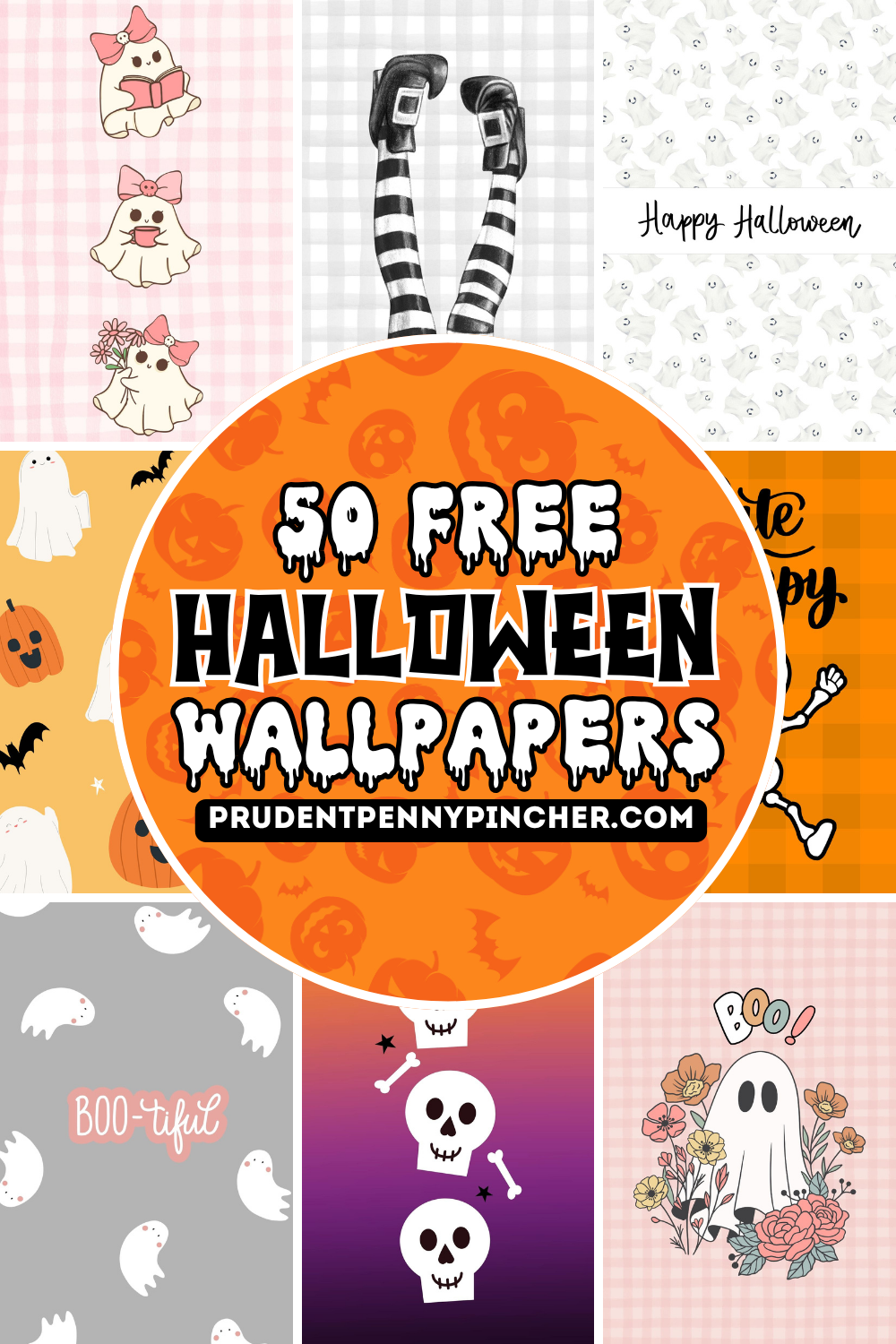 Collage of cute and spooky Halloween wallpapers featuring ghosts, pumpkins, skeletons, and witches.