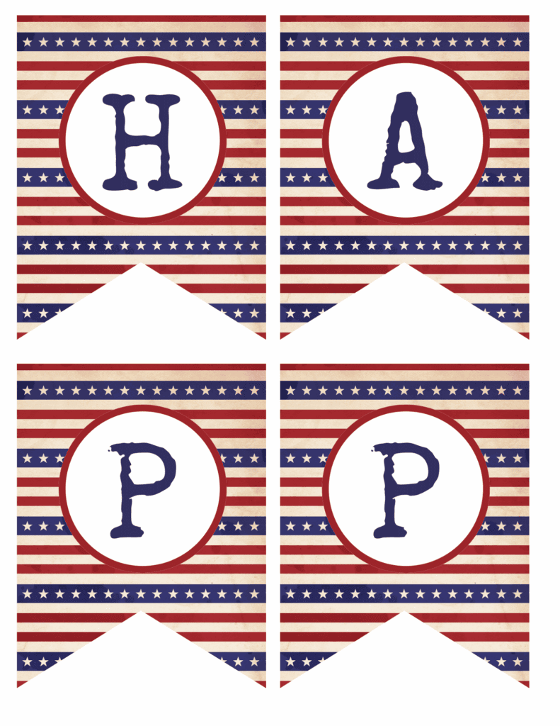 Vintage 4th of July banner with H, A, P, P letters on patriotic background.
