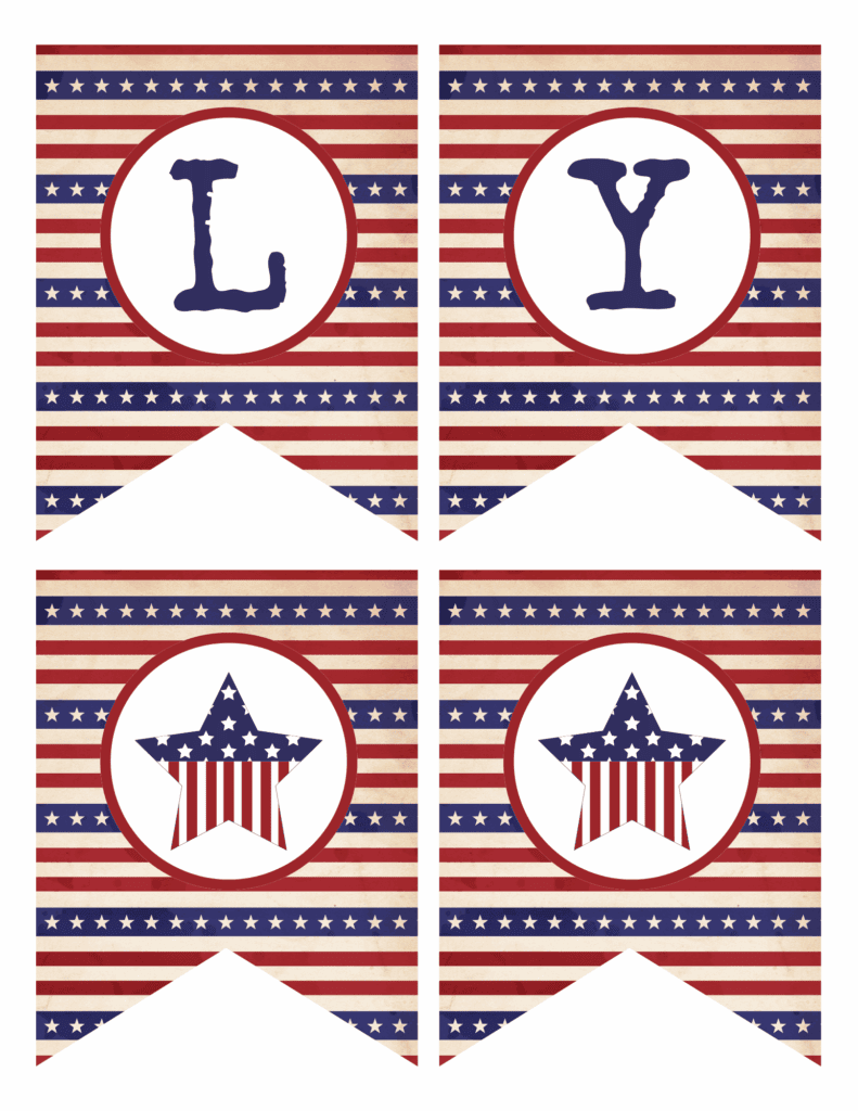 USA-themed banner with L, Y letters and two patriotic star pennants.