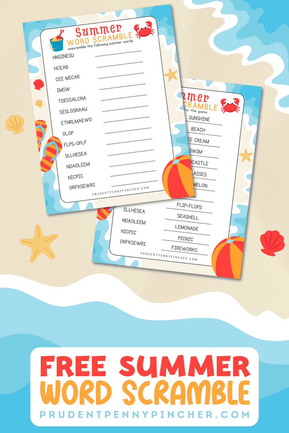 Free printable summer word scramble game and answer key for kids with fun seasonal words like beach, sunshine, and watermelon.