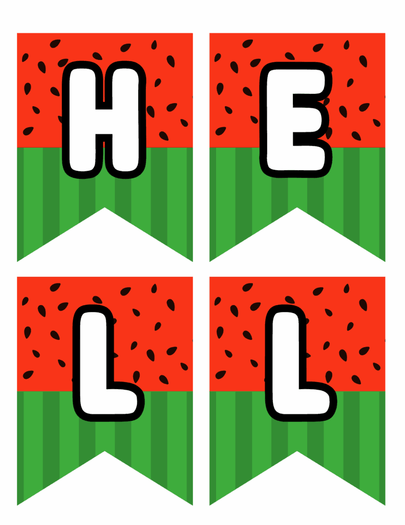Free printable summer banner with bold letters on watermelon-themed flags with red tops, black seeds, and green striped bottoms.