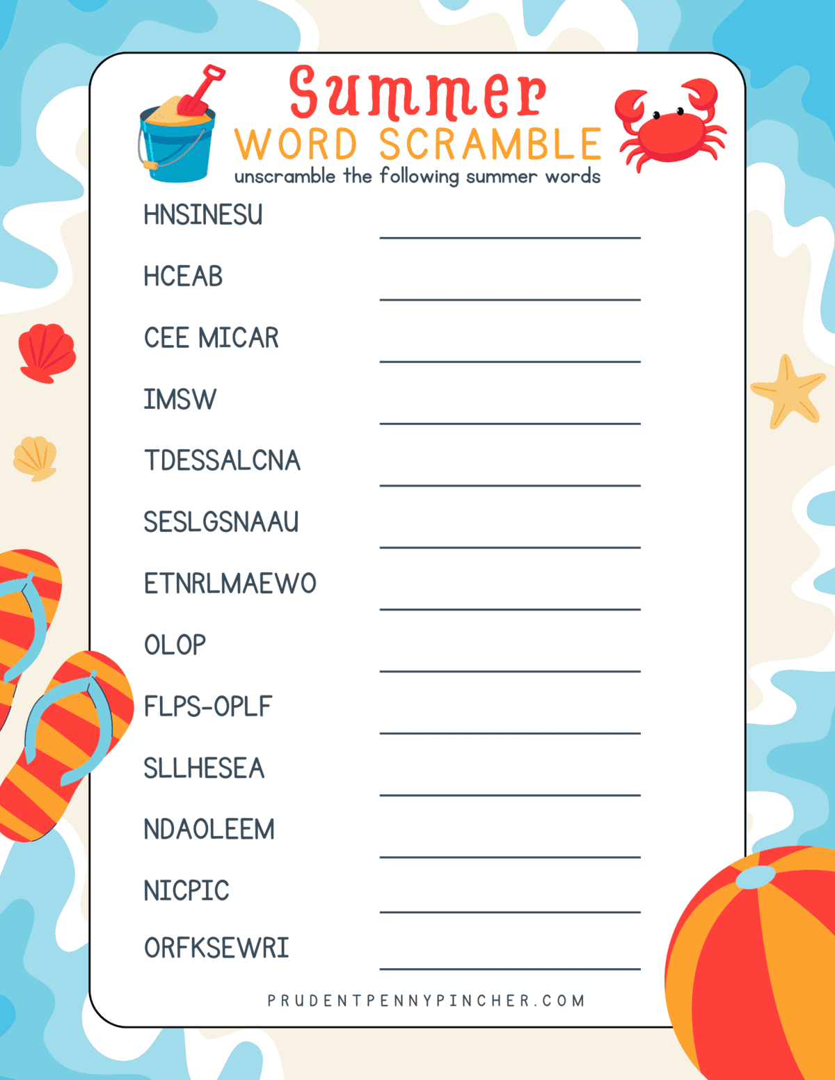 beach themed free printable summer word scramble game for kids