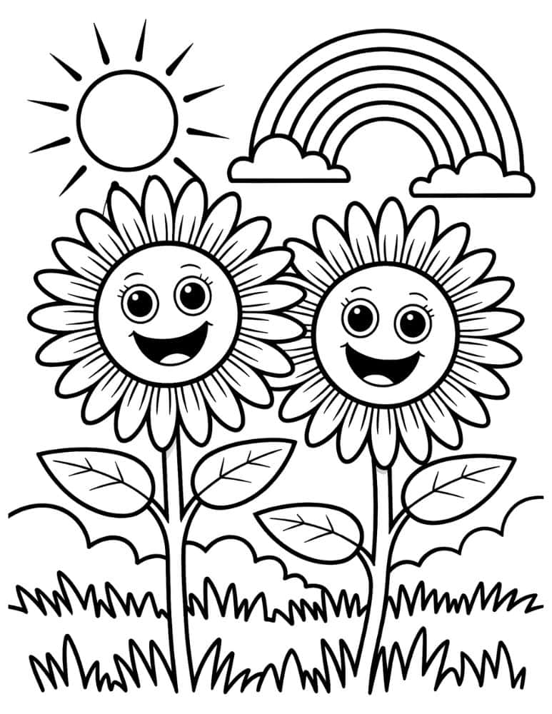 Sunflowers with rainbow and sun