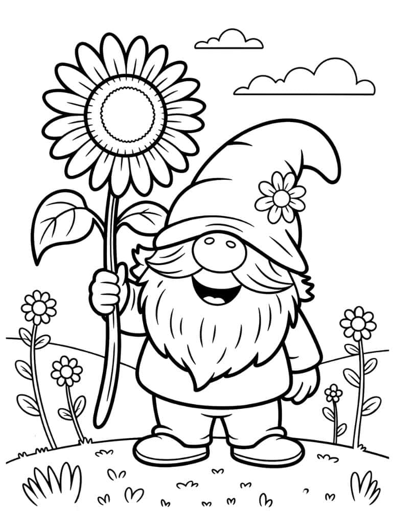 Happy gnome in sunflower field