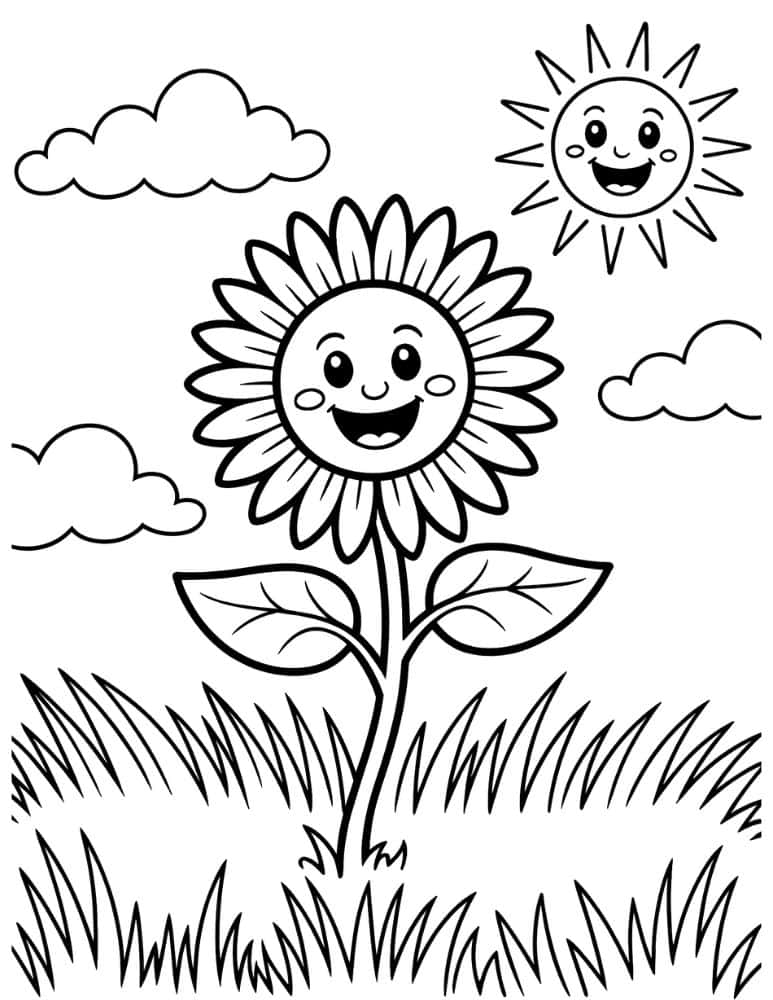 Sunflower with smiling sun and clouds