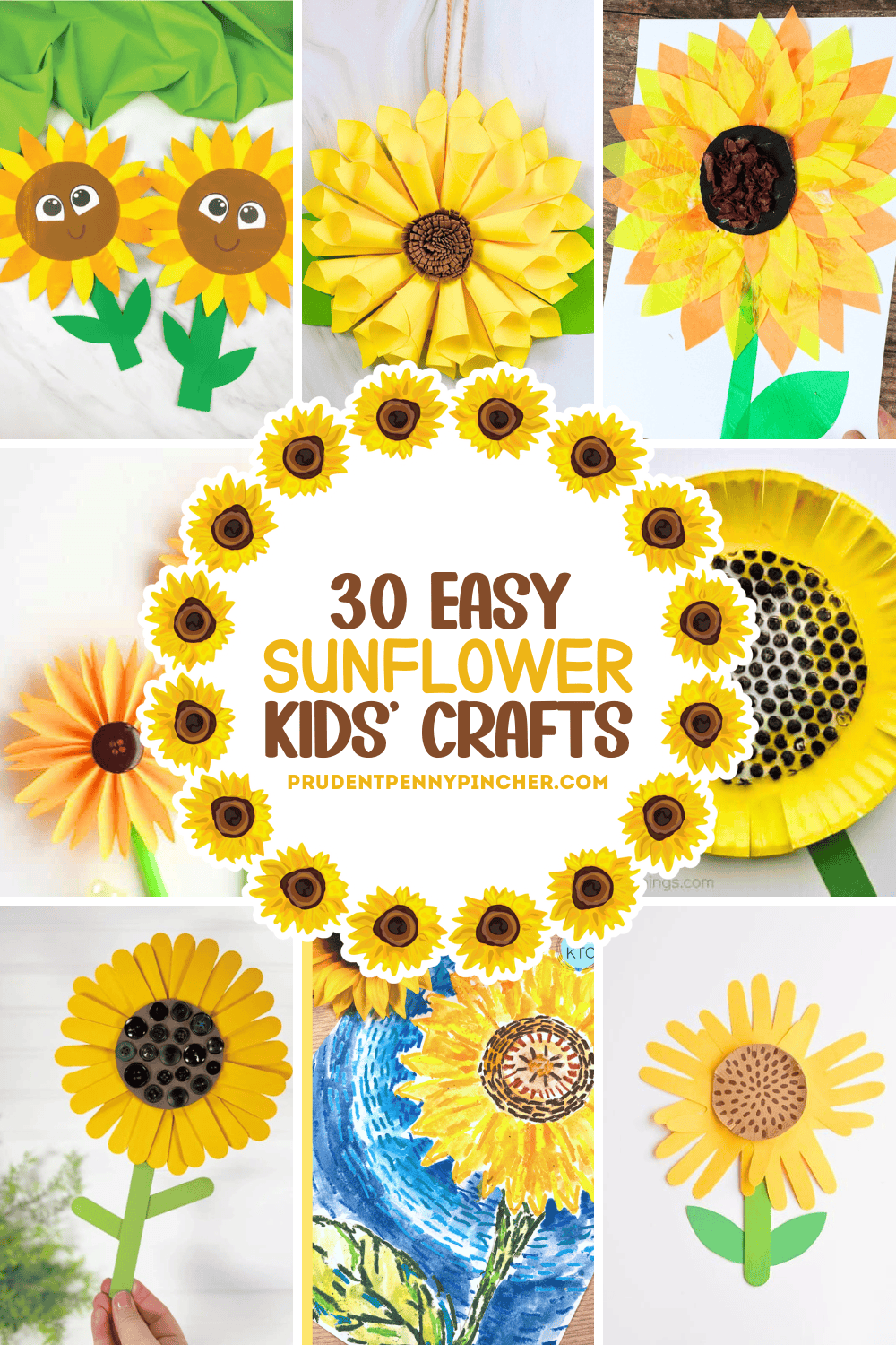 Collage of 30 easy sunflower crafts for kids including paper plate sunflowers, folded paper flowers, tissue paper art, and popsicle stick sunflowers.