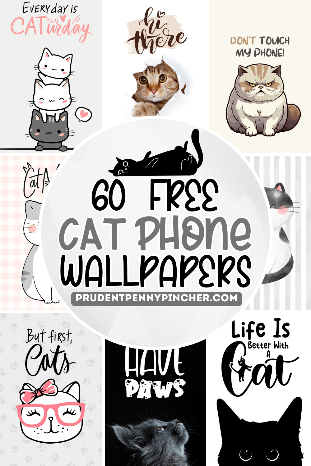 A collage of free cat wallpapers for the phone featuring cute cartoon cats, black cats, orange and grey cats, funny cat quotes, kawaii illustrations, and cat photos for iPhone and Android.