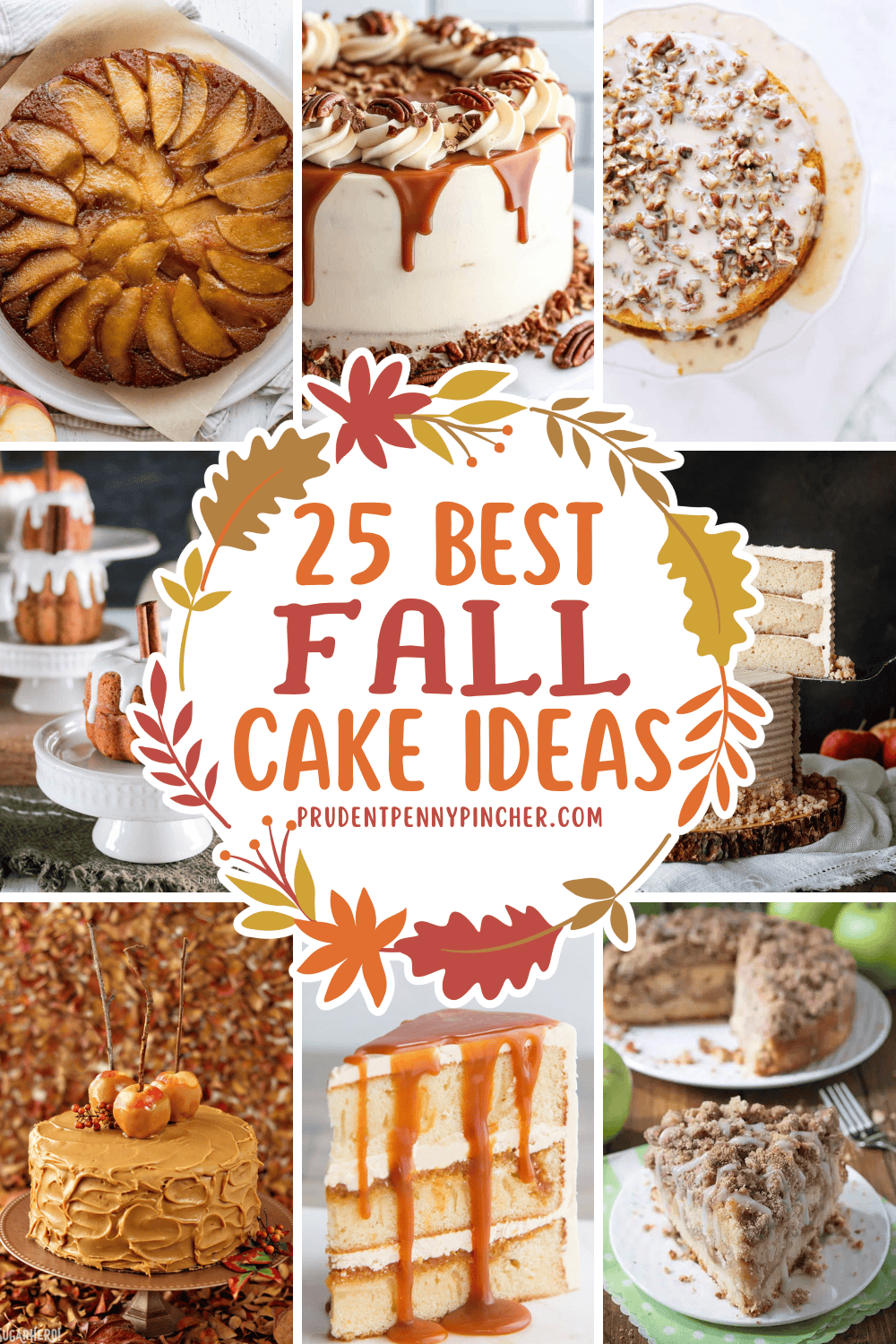 A collage of fall cakes including caramel apple upside-down cake, pumpkin bundt cakes, and layered spice cakes with frosting and pecans.