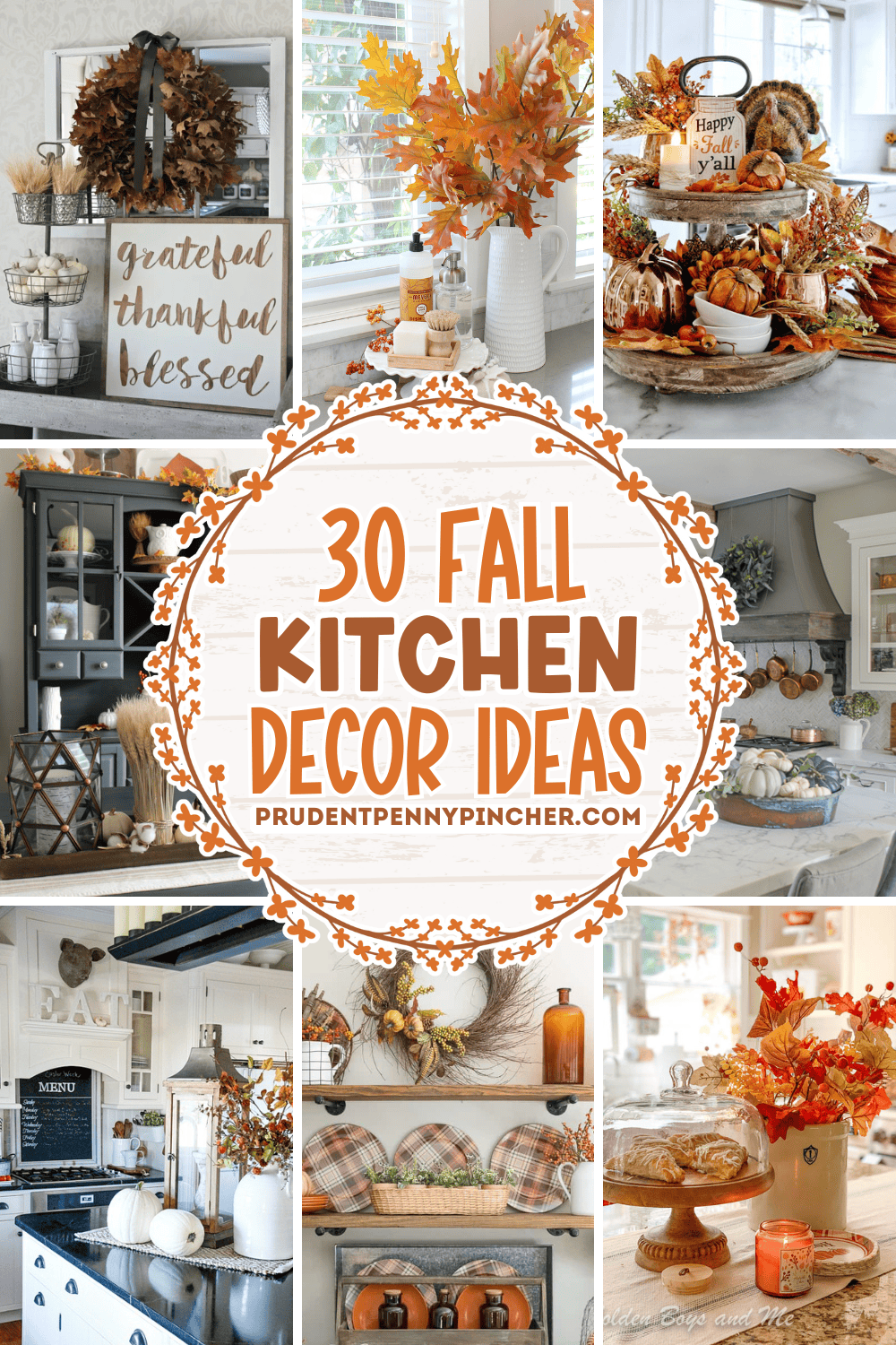 Collage of fall kitchen decor ideas featuring pumpkins, fall wreaths, tiered trays, amber bottles, plaid accents, and autumn floral arrangements on countertops and shelves.