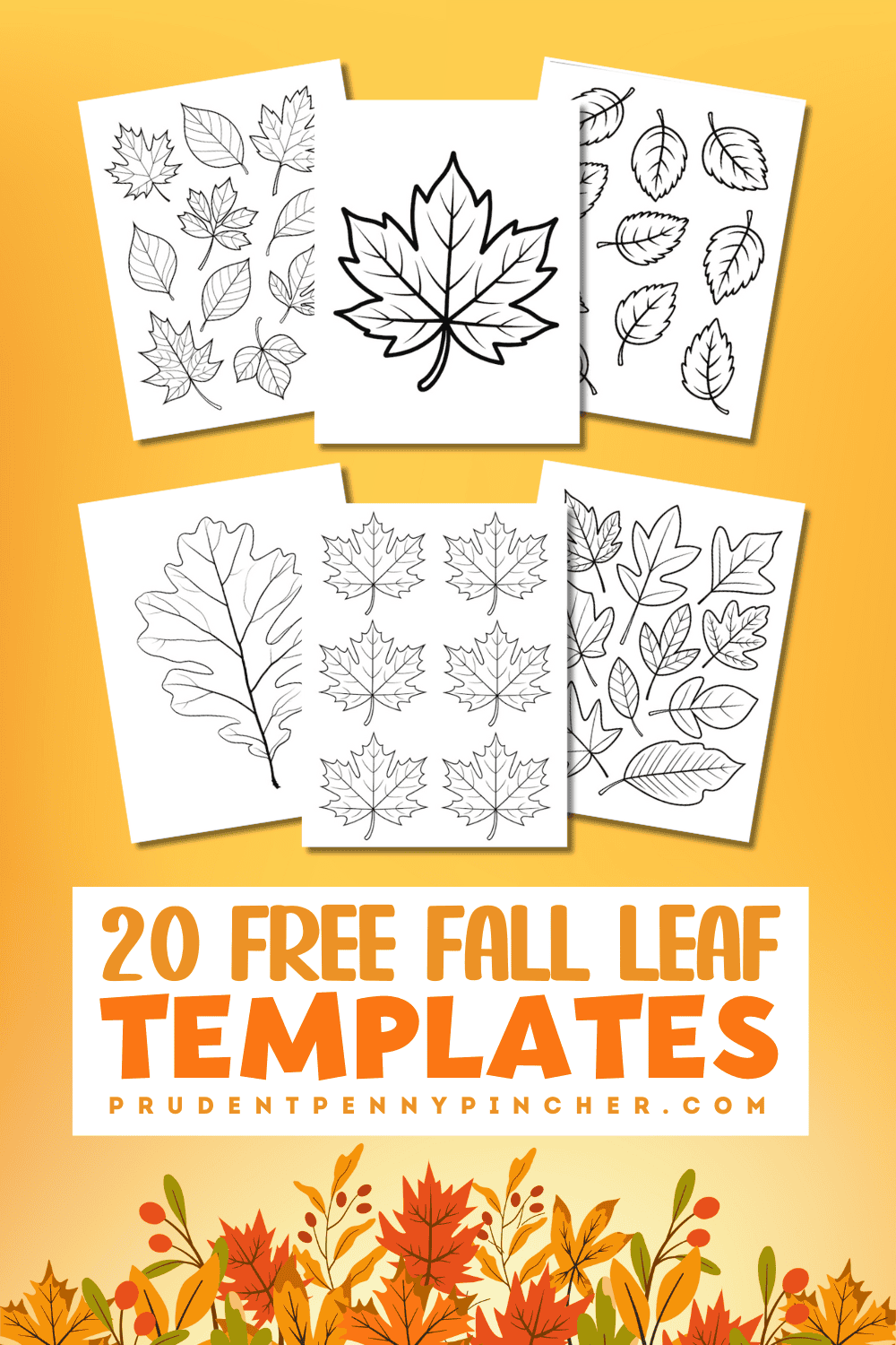 6 free printable pages of fall leaf templates on a yellow background.