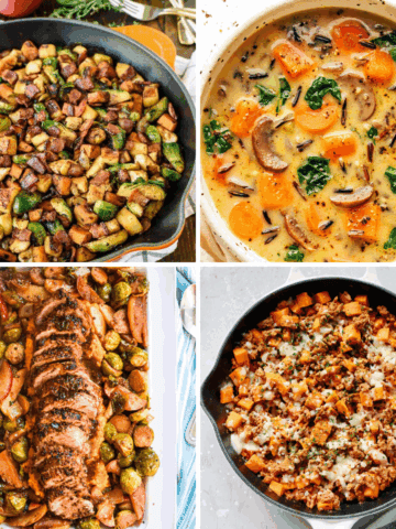 A collage of four healthy fall dinner recipes including a skillet with Brussels sprouts, apples, and bacon; a creamy wild rice and vegetable soup with carrots and kale; a roasted pork tenderloin served with Brussels sprouts and apples; and a ground turkey and sweet potato skillet topped with melted cheese.