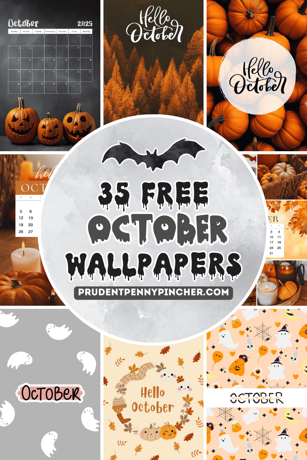 Collage of free October phone wallpapers featuring Halloween and fall themes including pumpkins, ghosts, 2025 calendars, cozy autumn leaves, and cute cartoon patterns