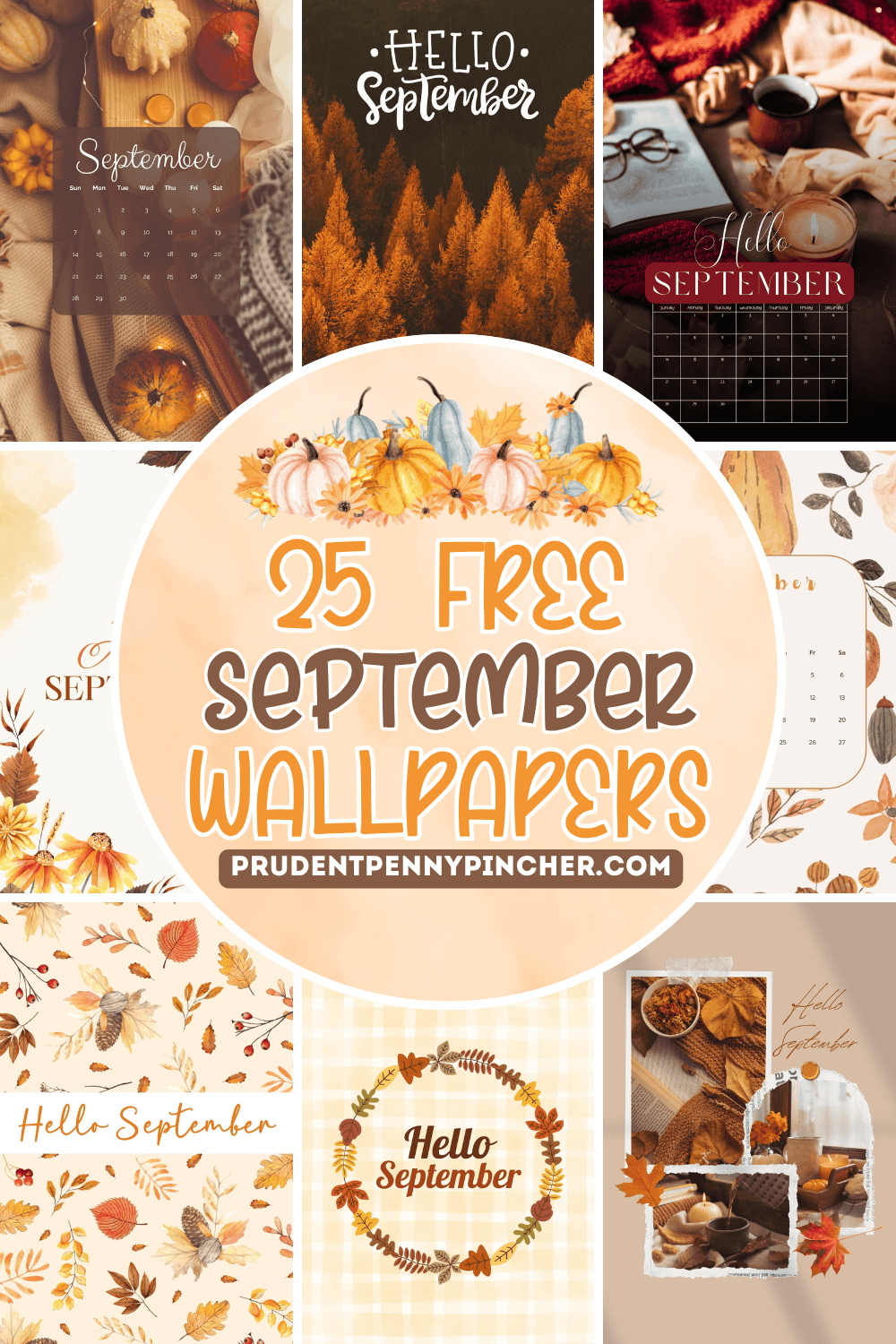 Collage of 25 free September wallpapers featuring cozy fall themes like pumpkins, autumn leaves, warm drinks, and "Hello September" quotes with calendar and aesthetic background designs for iPhone and Android.