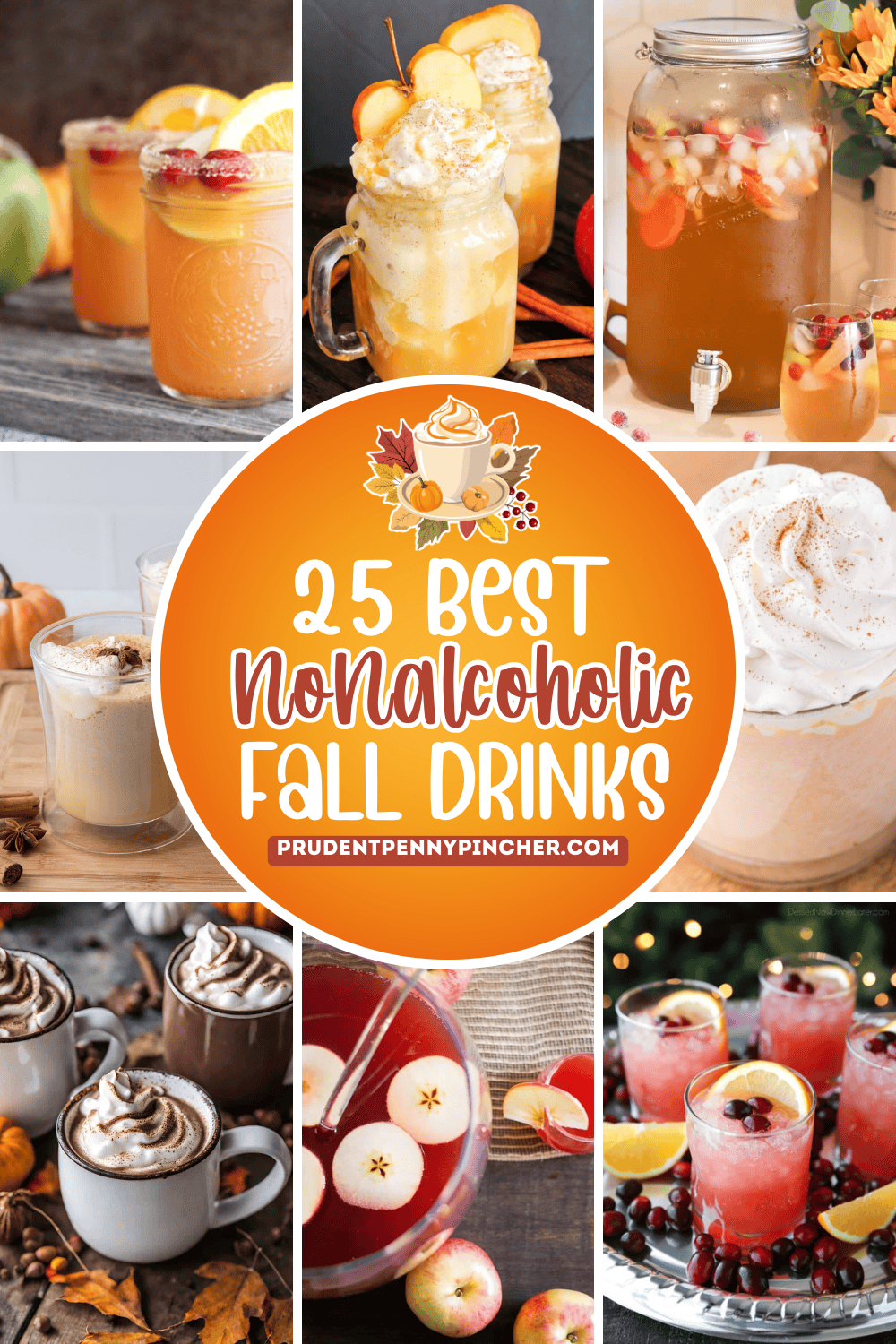 A collage of festive nonalcoholic fall drinks including apple cider floats, cranberry punch, hot chocolate, pumpkin lattes, and sparkling cider.
