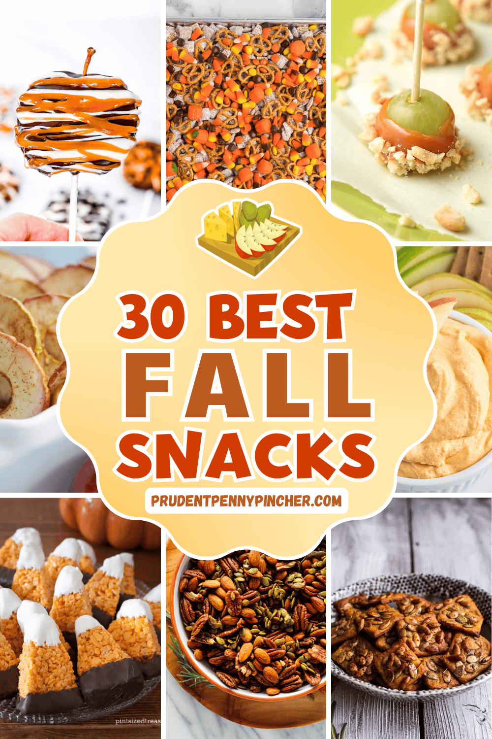 A collage of fall snack ideas including caramel apples, snack mix with candy corn, caramel grape bites, apple chips, pumpkin dip, candy corn rice krispie treats, seasoned nuts, and pumpkin seed crackers.