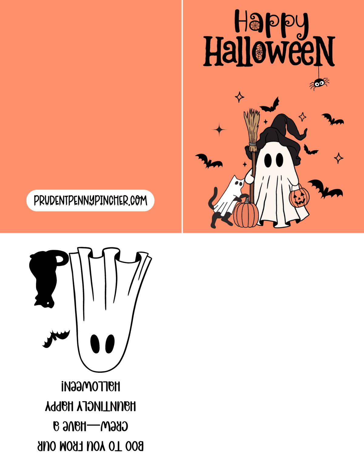 witchy ghost, black cat, and pumpkin bucket.