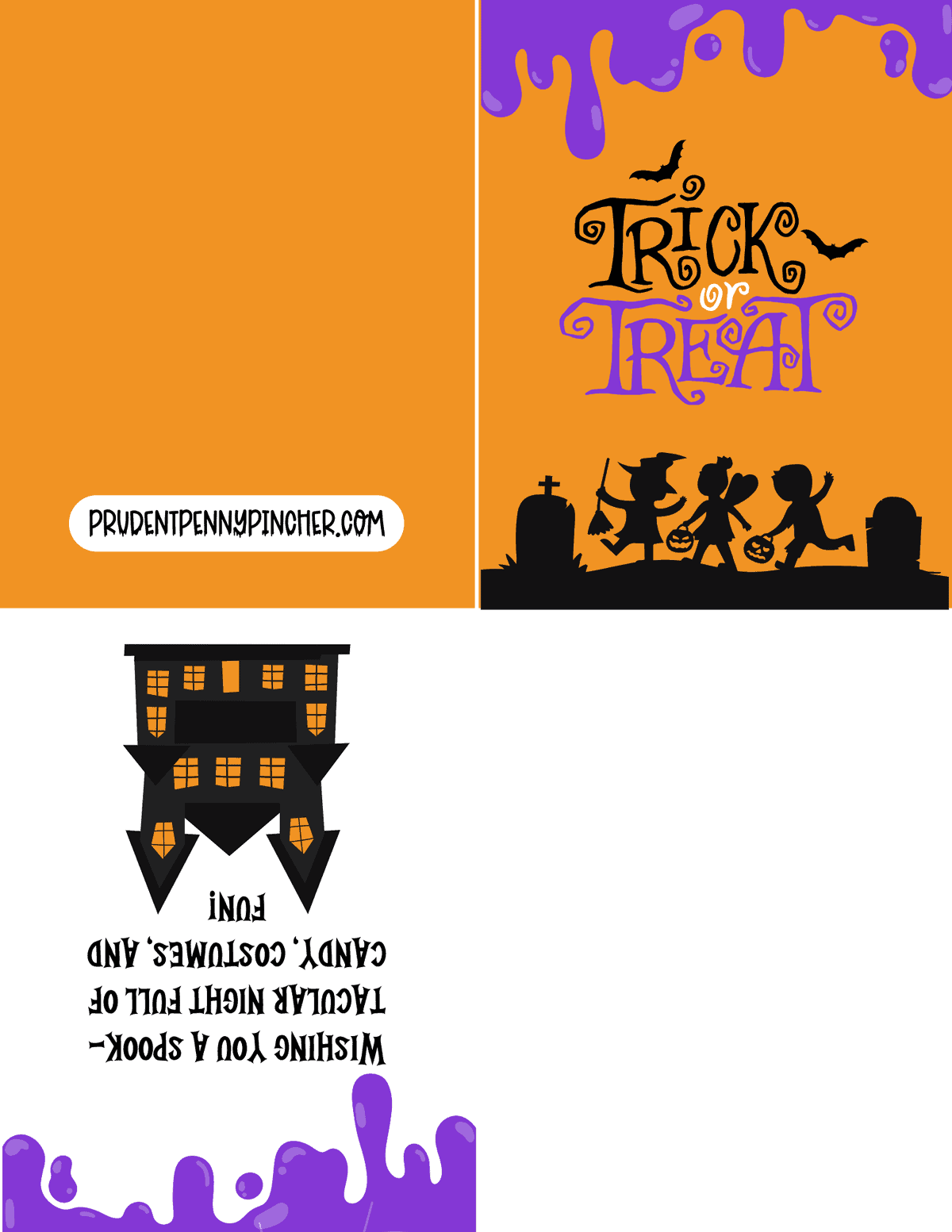 trick-or-treating children silhouettes with a purple slime border and haunted house.
