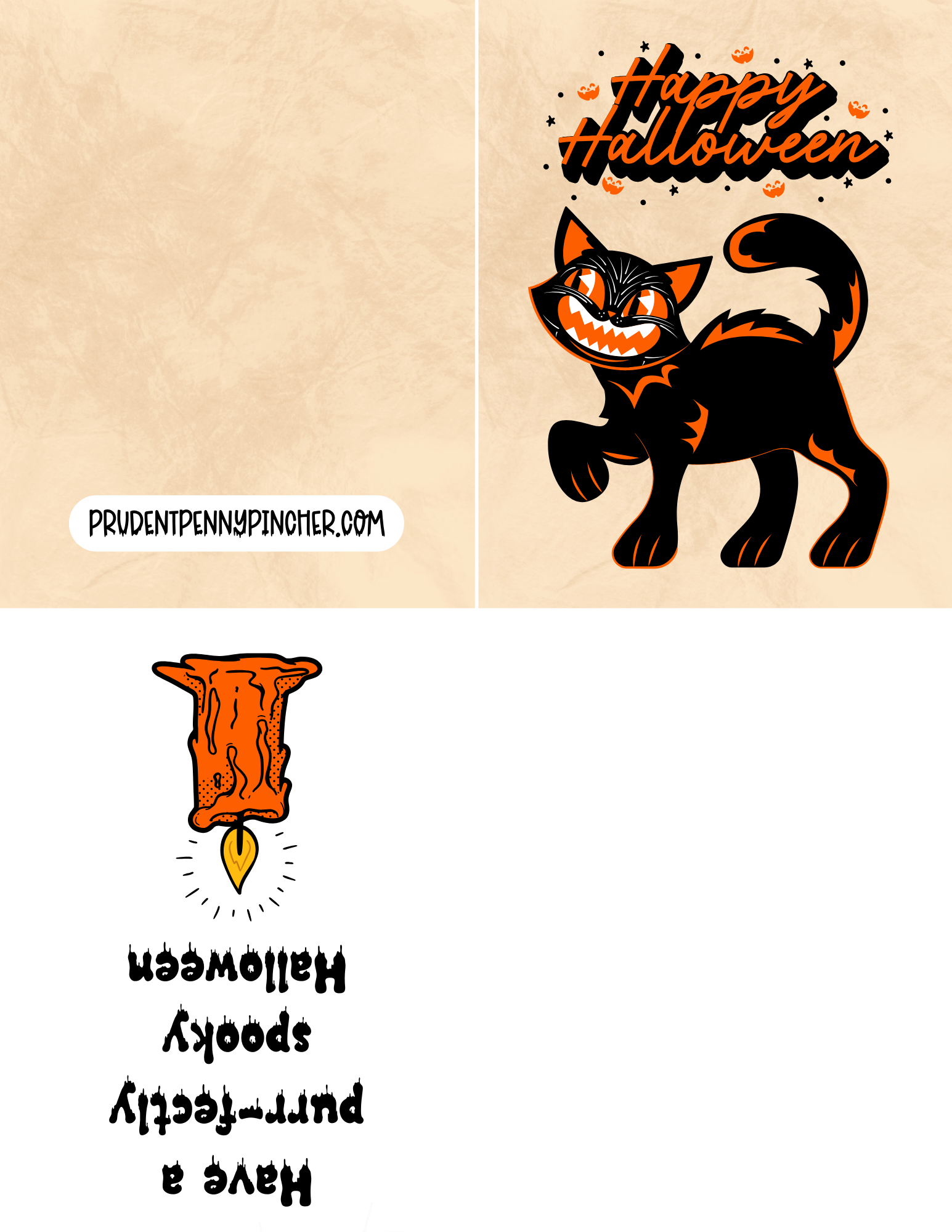 vintage-style grinning black cat and “Happy Halloween” text.