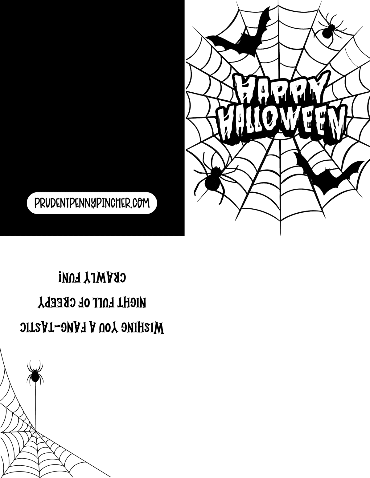 black and white Foldable Halloween card with a spider webs, spiders and, bats.