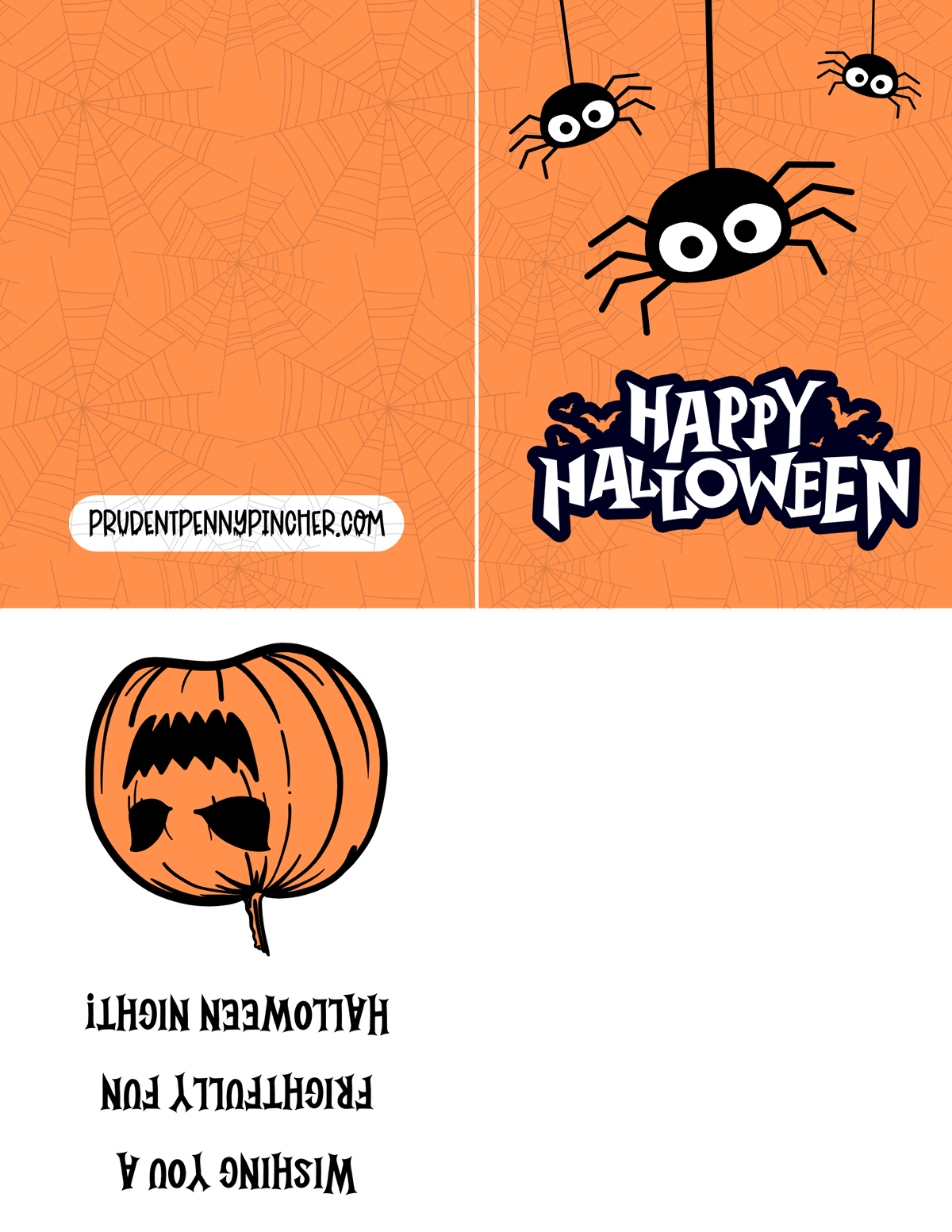 cute dangling spiders and “Happy Halloween” text.