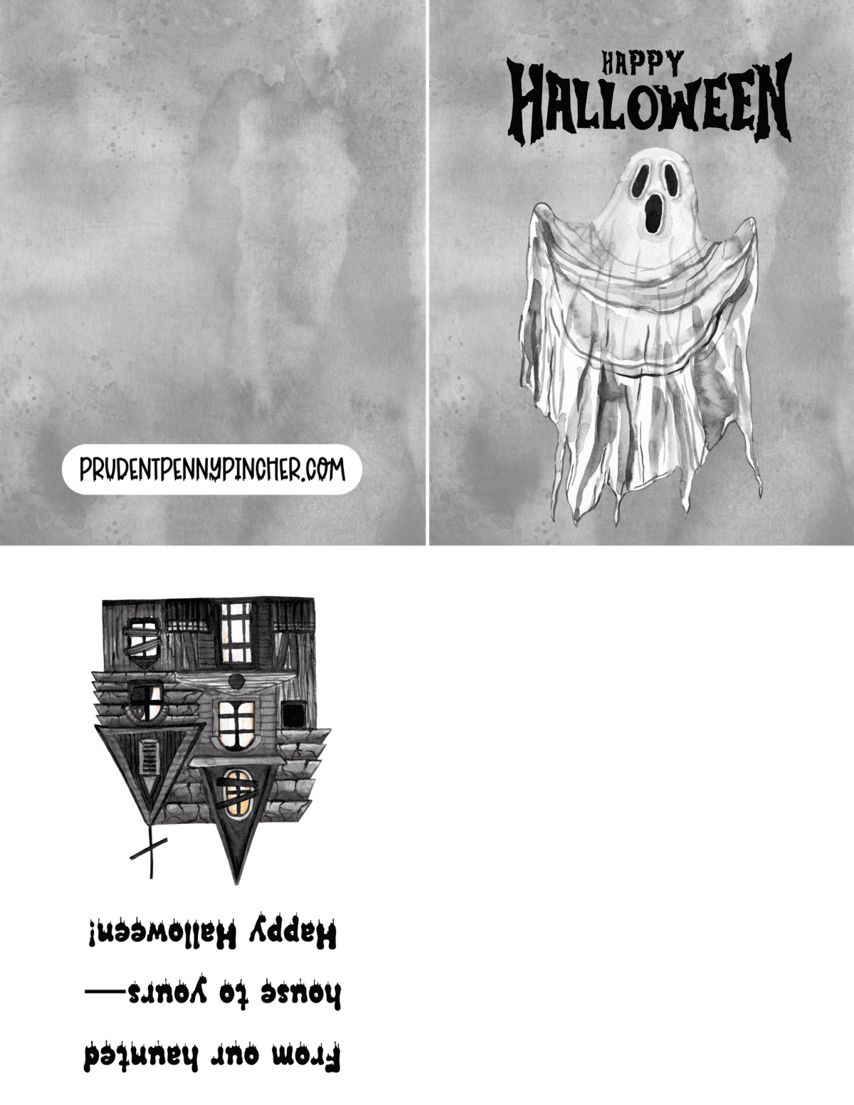 Foldable Halloween card with a watercolor ghost and eerie haunted house.