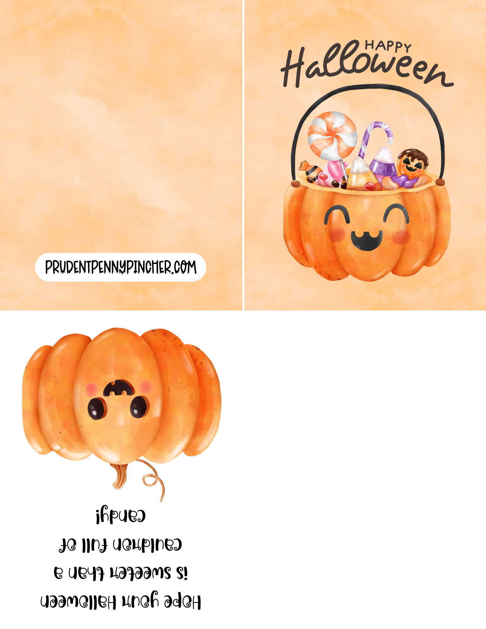 Foldable Halloween card with a cute pumpkin candy bucket.