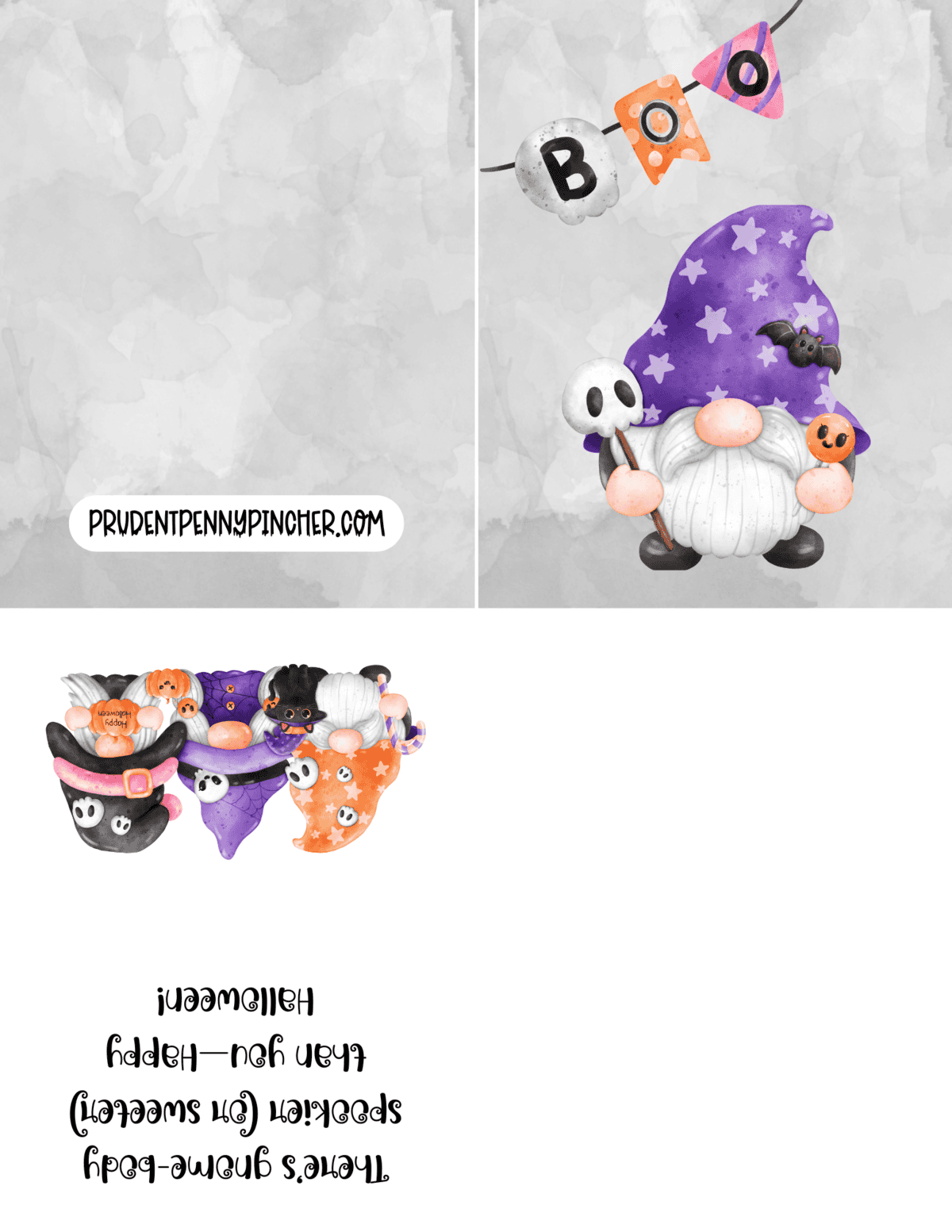 whimsical gnome holding spooky treats and a “Boo” banner.