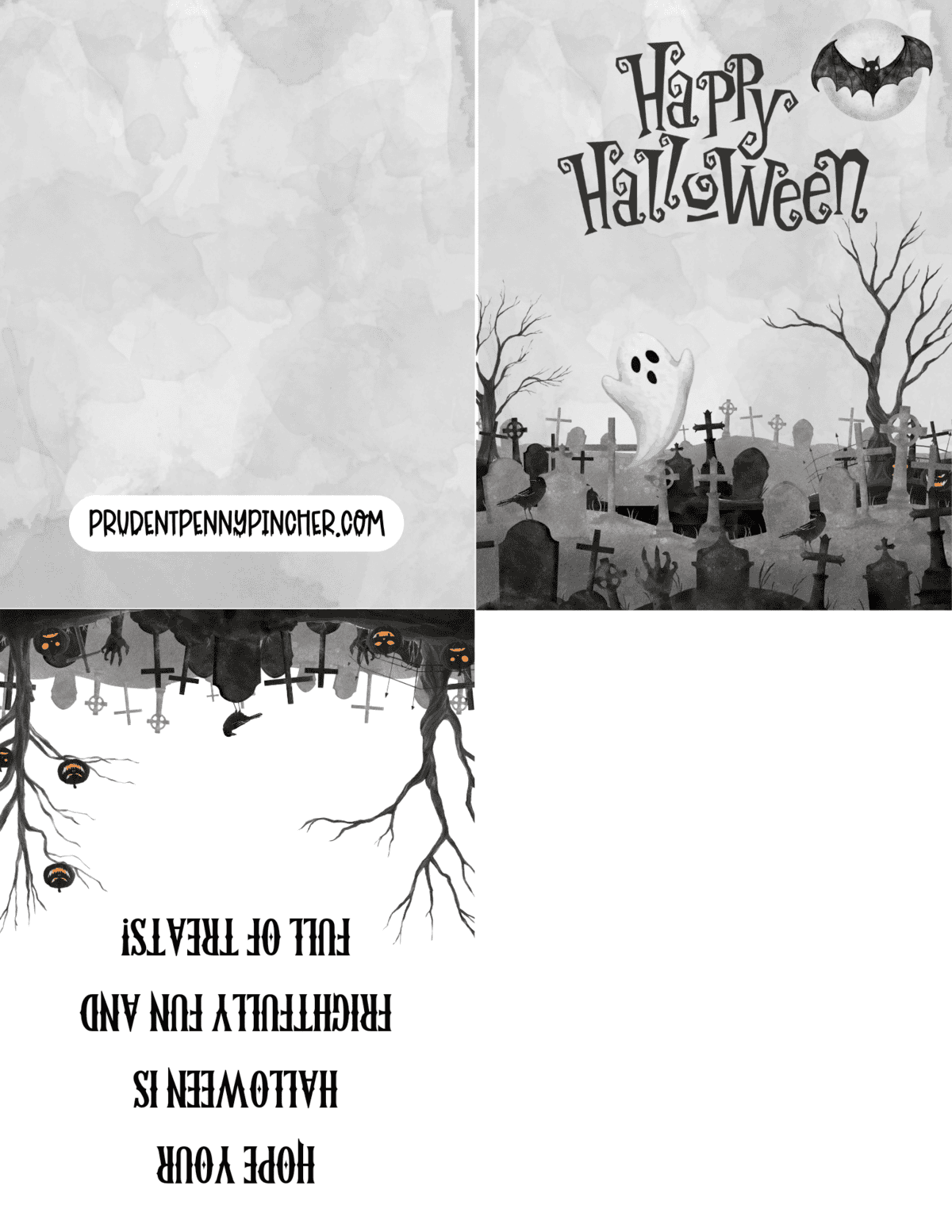 haunted graveyard scene, friendly ghost, and “Happy Halloween” text.