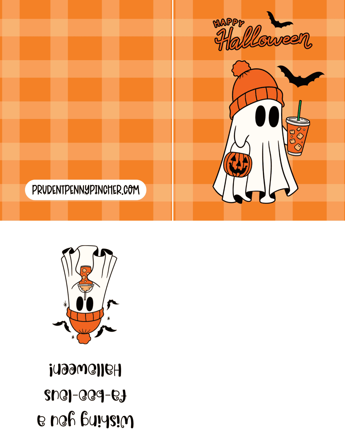 ghost in a beanie holding a pumpkin bucket and iced PSL.