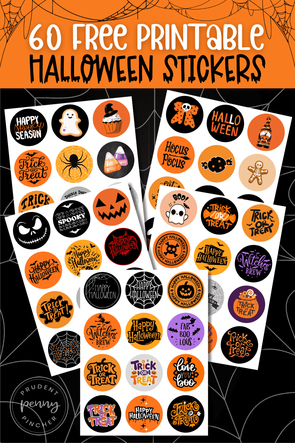 A collage of free printable Halloween sticker sheets featuring pumpkins, ghosts, bats, spiders, skeletons, witches, and spooky sayings in orange, black, and purple