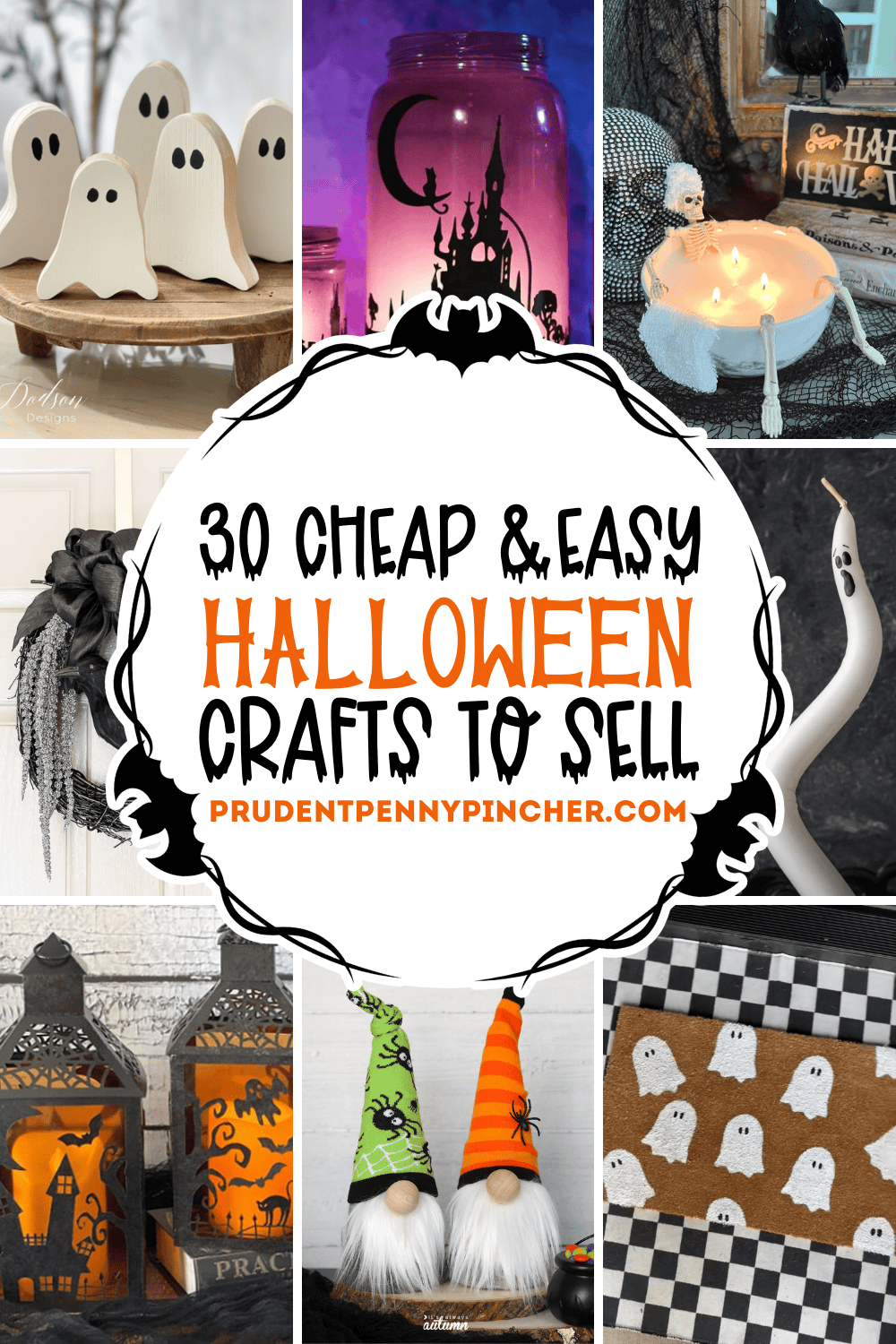 Collage of cheap and easy Halloween crafts to sell including wooden ghosts, mason jar lantern, soaking skeleton candle, black crow wreath, paper lanterns, Halloween gnomes, ghost doormat, and more DIY Halloween decor ideas.