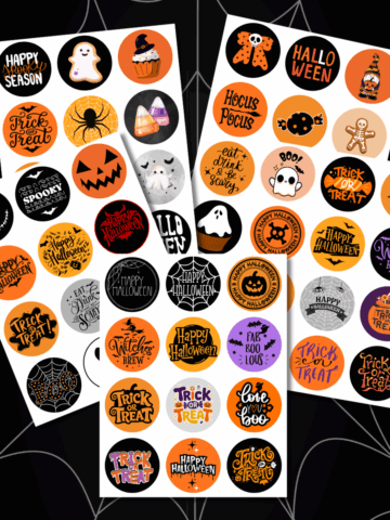 5 pages of free printable halloween stickers on a black spider web background