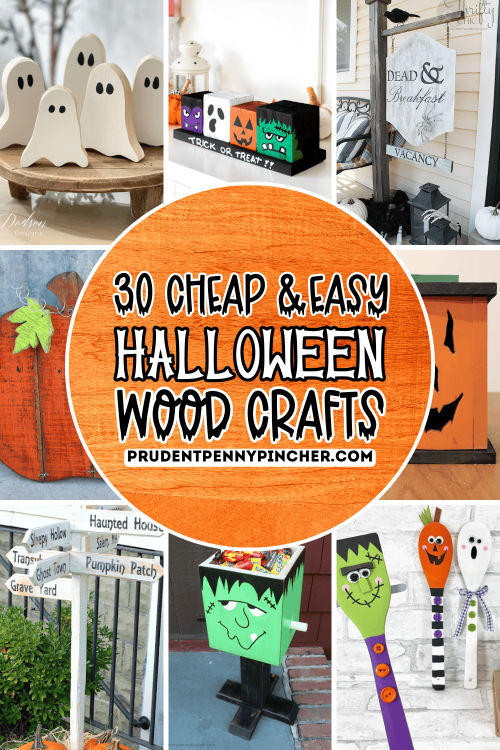 Collage of DIY Halloween wood crafts including wooden ghosts, painted wooden blocks with Frankenstein and pumpkin faces, rustic wooden signs, pallet pumpkins, a wooden Halloween directional sign, a Frankenstein candy box, and painted wooden spoons decorated as monster characters.