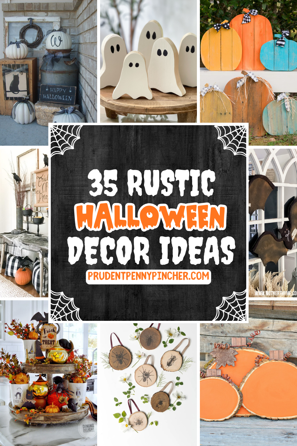 Collage of DIY rustic Halloween decor ideas including farmhouse pumpkins, wood slice crafts, primitive ghosts, rustic bats, and country-style fall tiered tray decorations.
