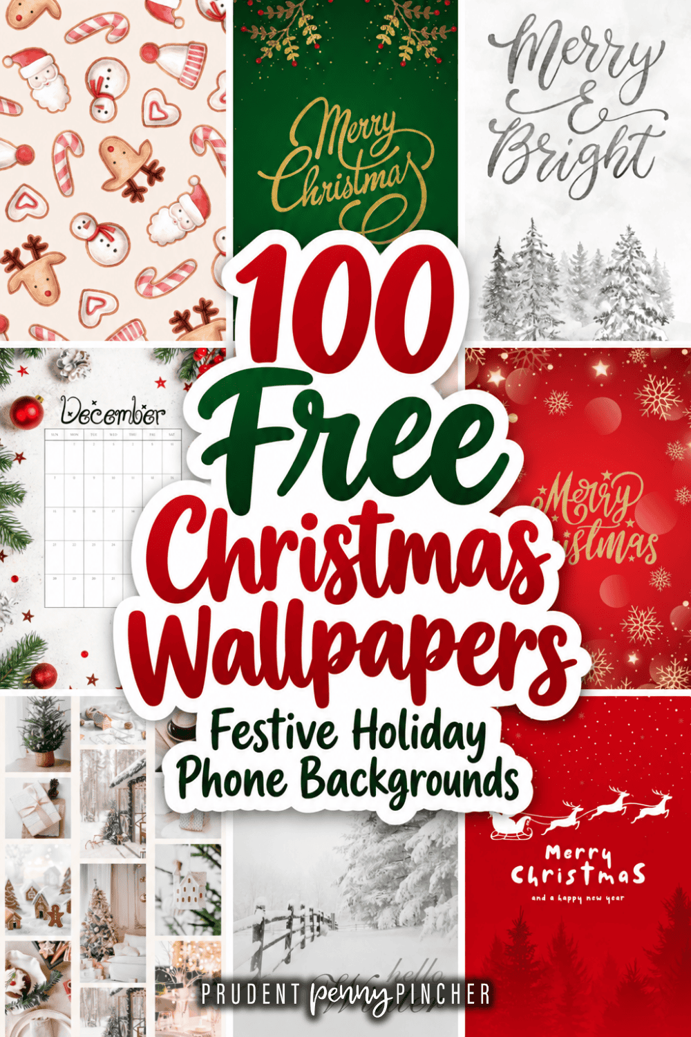 A collage of free Christmas wallpapers featuring festive designs like Merry Christmas typography, winter snow scenes, holiday cookies, Santa, and Christmas trees