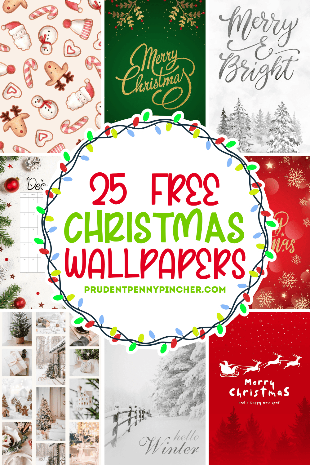 A collage of free Christmas wallpapers featuring festive designs like Merry Christmas typography, winter snow scenes, holiday cookies, Santa, and Christmas trees