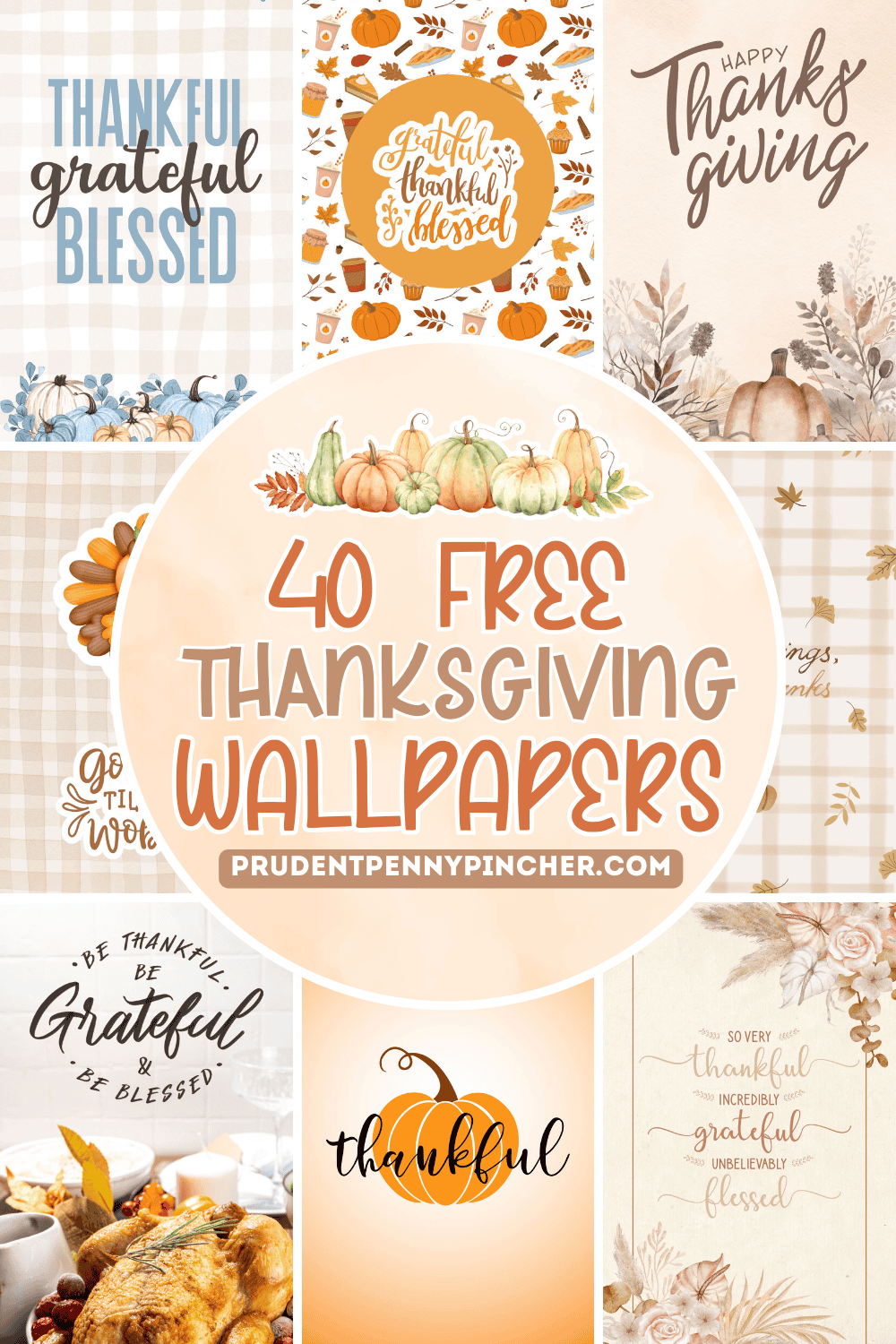 A collage of free Thanksgiving wallpapers featuring pumpkins, turkeys, fall leaves, and thankful quotes with cozy autumn backgrounds and aesthetic patterns