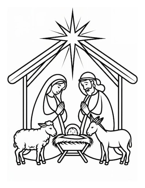 Nativity scene with Mary, Joseph, baby Jesus, star, lamb, and donkey.