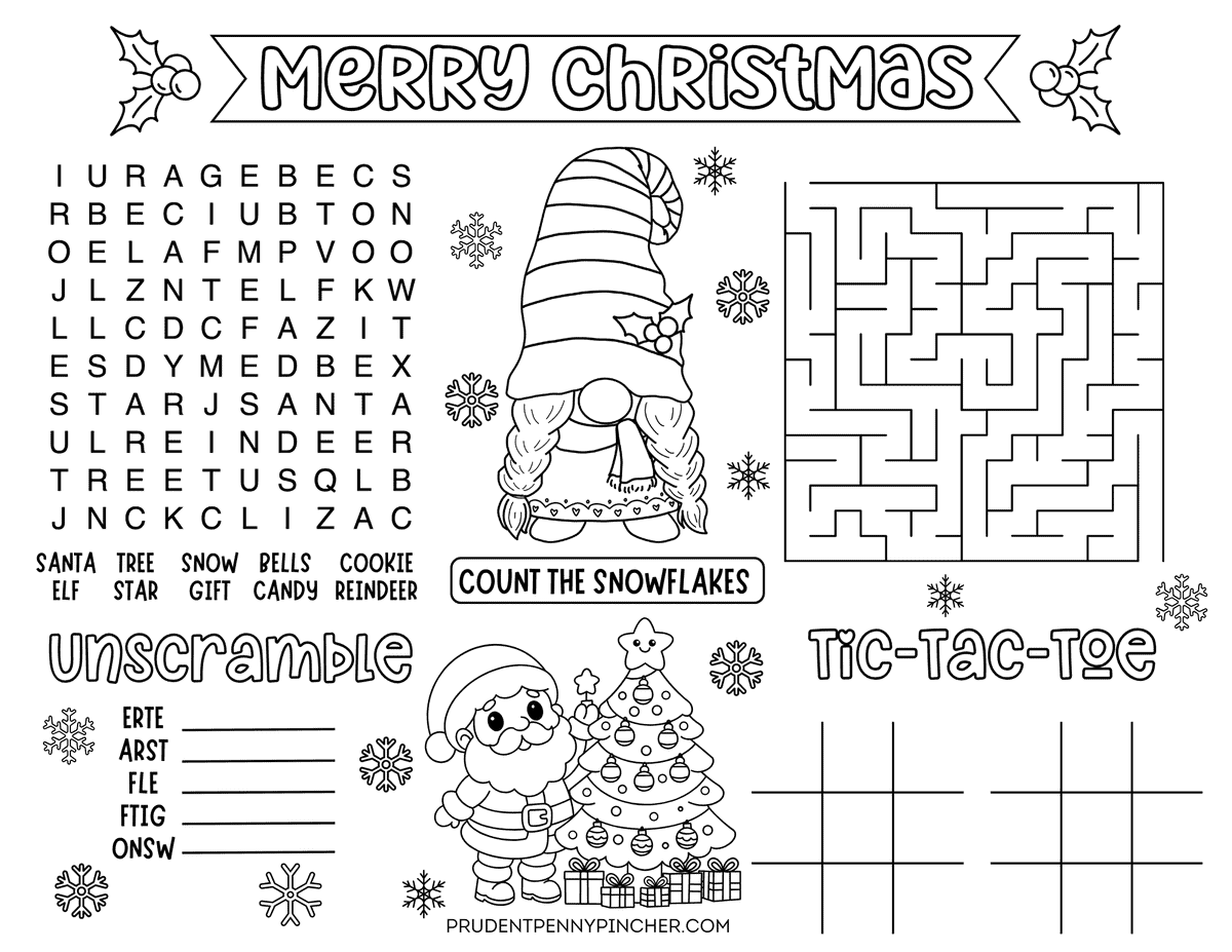 Free printable Christmas activity placemat for kids-black and white gnome coloring page with word search, maze, tic-tac-toe, word scramble, 