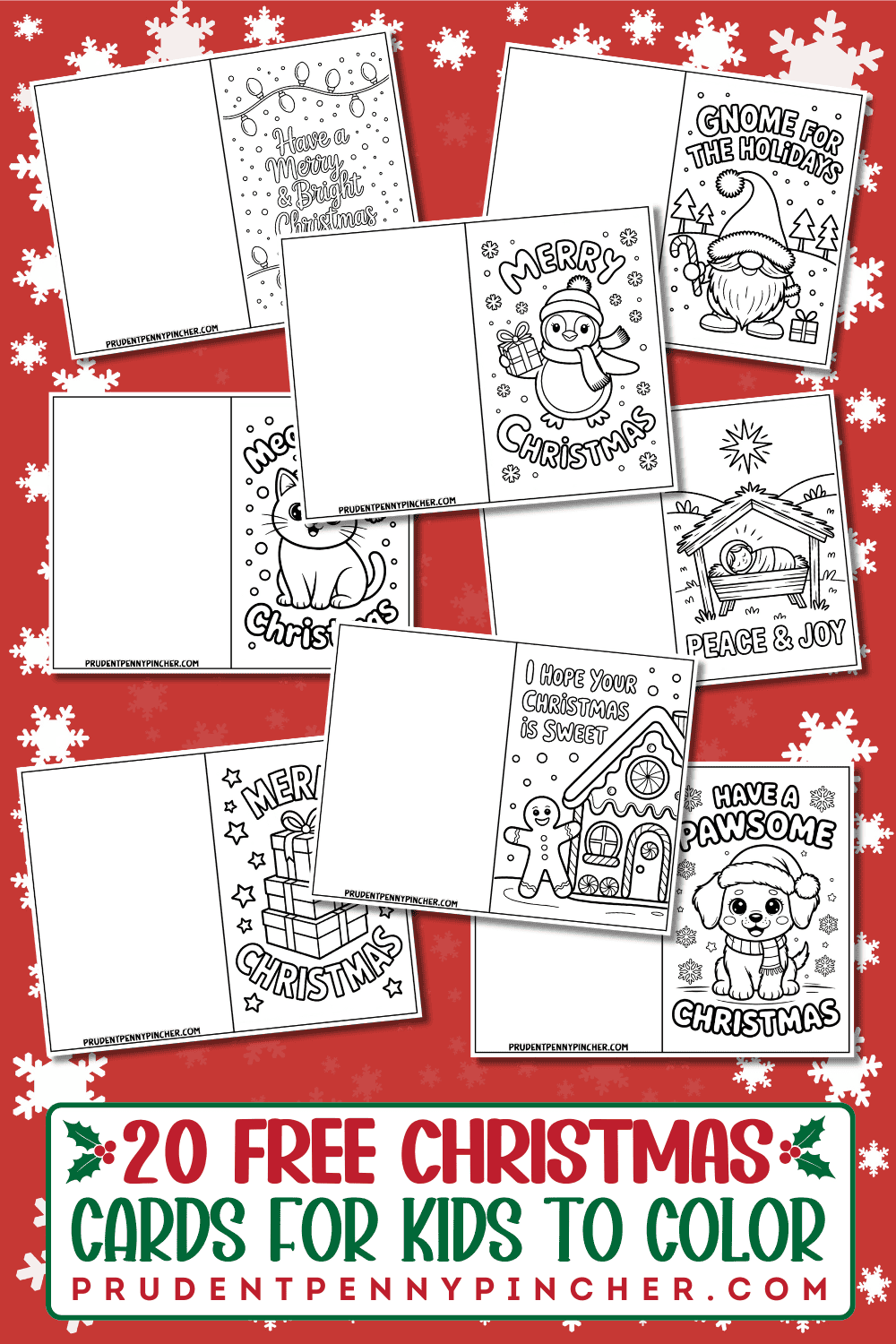 free printable Christmas cards for kids to color, featuring penguin, gnome, puppy, gingerbread house, nativity, and more.