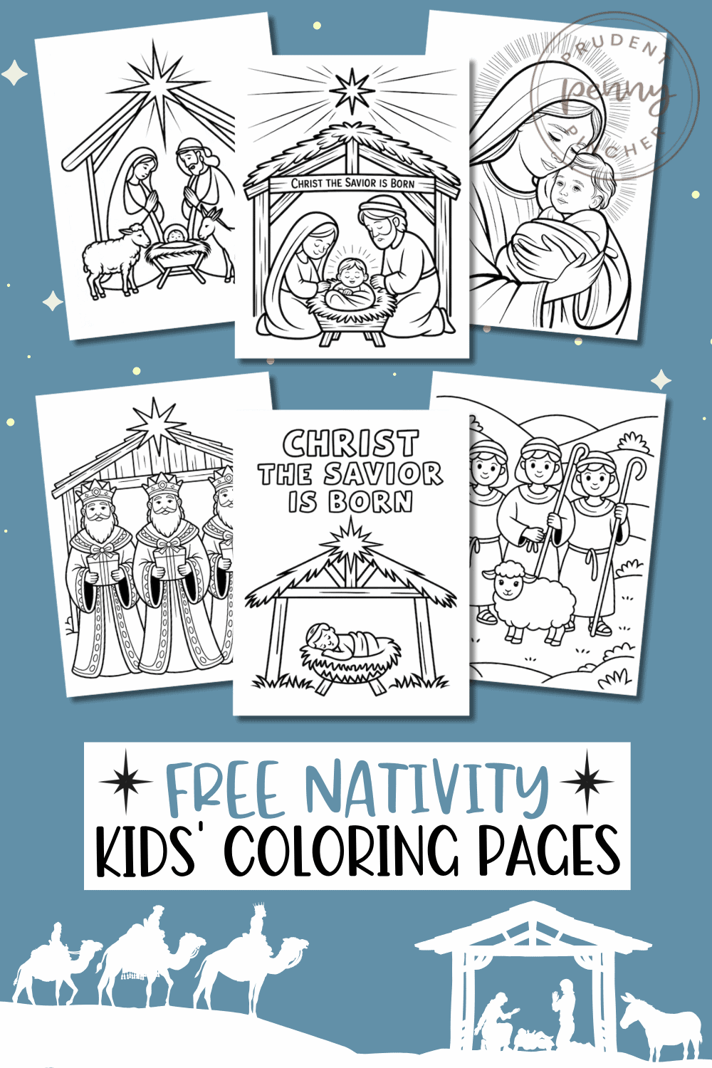 Free nativity kids' coloring pages-collage of Christian Christmas coloring sheets featuring the Holy Family, Three Wise Men, and shepherds; free printable activity for toddlers, preschool, and older kids.