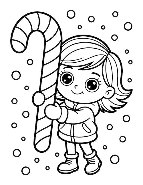girl holding an oversized peppermint stick in falling snow printable coloring page