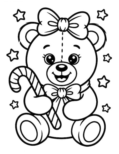 printable coloring page of a Teddy bear with bow hugging a candy cane