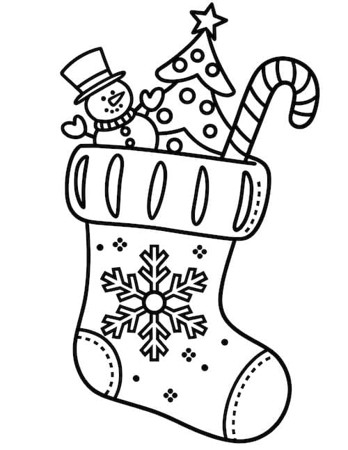 Snowflake stocking filled with snowman, tree, and a candy cane