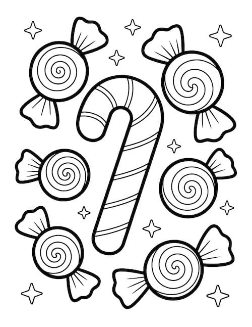 candy cane coloring page surrounded by swirly candies and stars