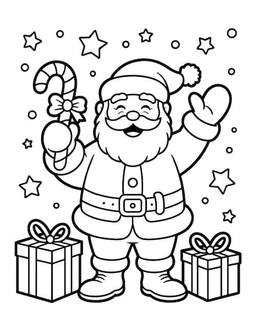 Santa waving with gifts and holding candy cane