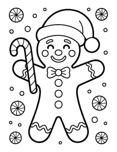 Smiling gingerbread in Santa hat holding a candy cane
